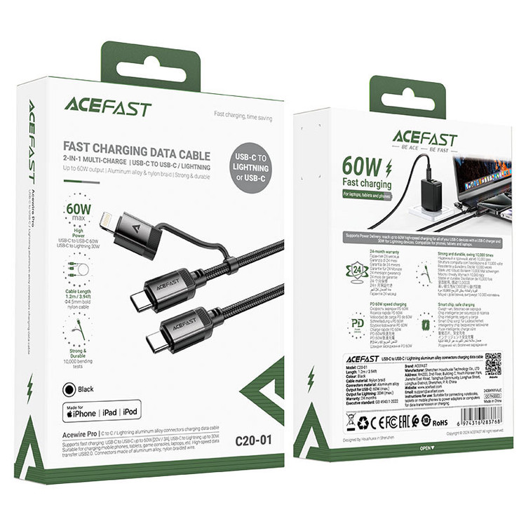 کابل تبدیل USB-C به USB-C / لایتنینگ ایس فست مدل C20-01 طول 1.2 متر