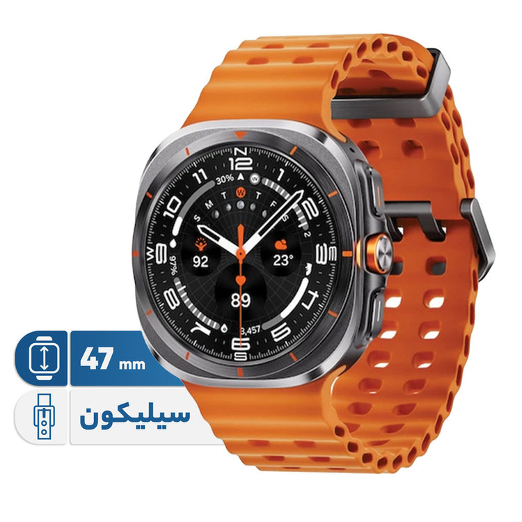 ساعت هوشمند سامسونگ مدل Galaxy Watch Ultra دارای قابلیت های کنترل موسیقی (Music Player)، قابلیت مکالمه از طریق بلوتوث، قابلیت تغییر طرح ساعت یا تم، صفحه همیشه روشن (Always-on Display)، پشتیبانی از دستیار صوتی بند سیلیکون