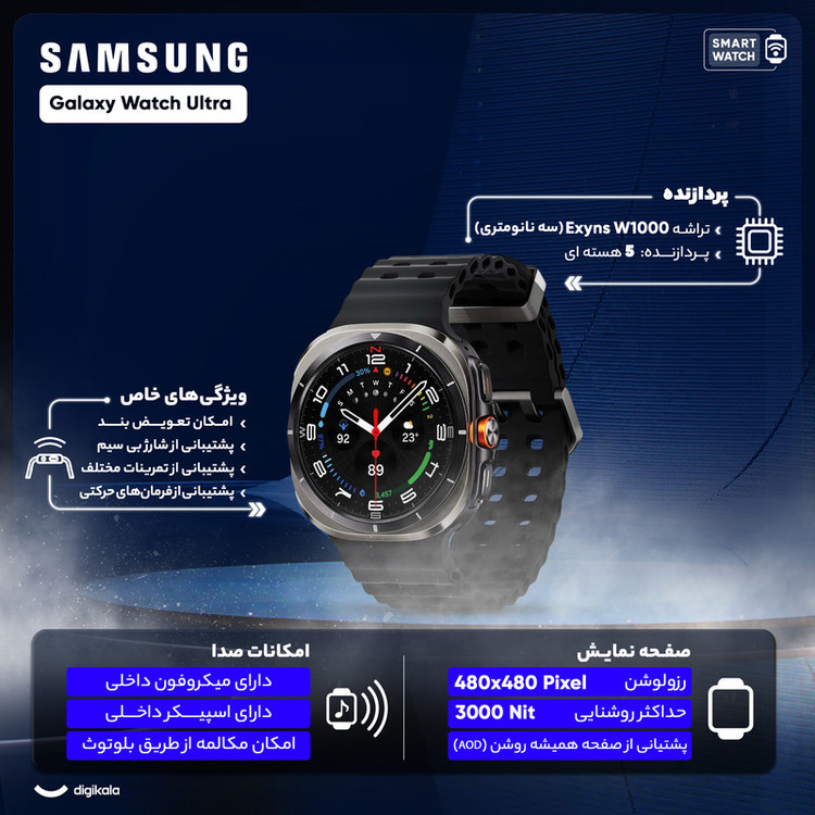 ساعت هوشمند سامسونگ مدل Galaxy Watch Ultra دارای قابلیت های کنترل موسیقی (Music Player)، قابلیت مکالمه از طریق بلوتوث، قابلیت تغییر طرح ساعت یا تم، صفحه همیشه روشن (Always-on Display)، پشتیبانی از دستیار صوتی بند سیلیکون