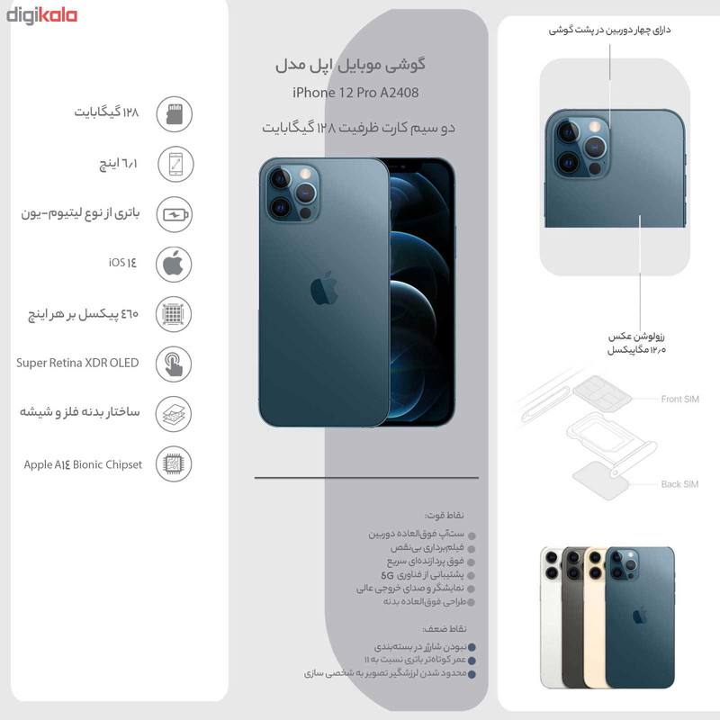 گوشی موبایل اپل مدل iPhone 12 Pro A2408 دو سیم کارت ظرفیت 128 گیگابایت و رم 6 گیگابایت - نات اکتیو