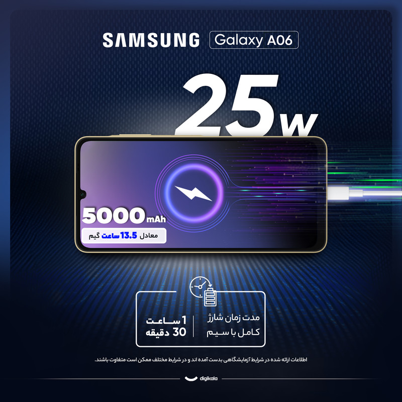 گوشی موبایل سامسونگ مدل Galaxy A06 دو سیم کارت ظرفیت 128 گیگابایت و رم 4 گیگابایت - به همراه شارژر 25 وات سامسونگ
