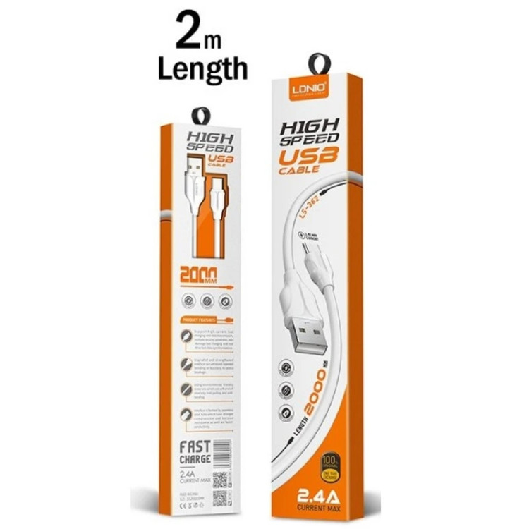 کابل تبدیل USB به لایتنینگ الدینیو مدل LS-362 طول 2 متر